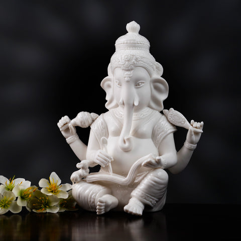 The Vighnaharta - High Porcelain Lord Ganesha Writing Mahabharata Statue (8 inches Tall)