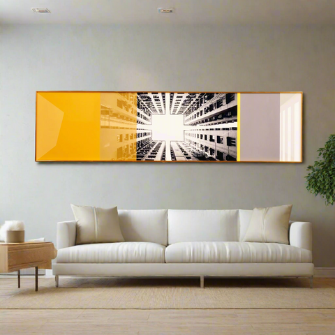 Urban Heights Cityscape Themed Framed Glass Wall Art - Yellow & Grey ~ 5 Feet Long