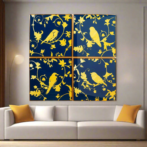 Imperial Bloom - Birds & Floral Inspired Nature Themed Framed Glass Wall Art (Set of 4)