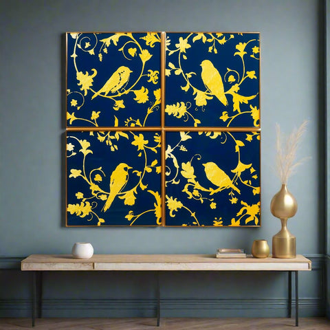 Imperial Bloom - Birds & Floral Inspired Nature Themed Framed Glass Wall Art (Set of 4)