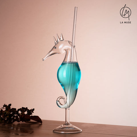 Maritime Muse - Seahorse Themed Cocktail Glass with Glass Straw (Set of 2) (330 ml)