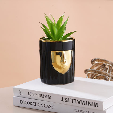 The Golden Masquerade Human Face Vase, Organizer & Showpiece - Black & Gold