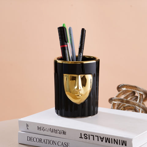 The Golden Masquerade Human Face Vase, Organizer & Showpiece - Black & Gold